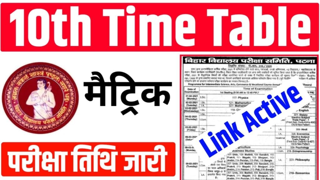 Bihar Board Class 10th Time Table 2025